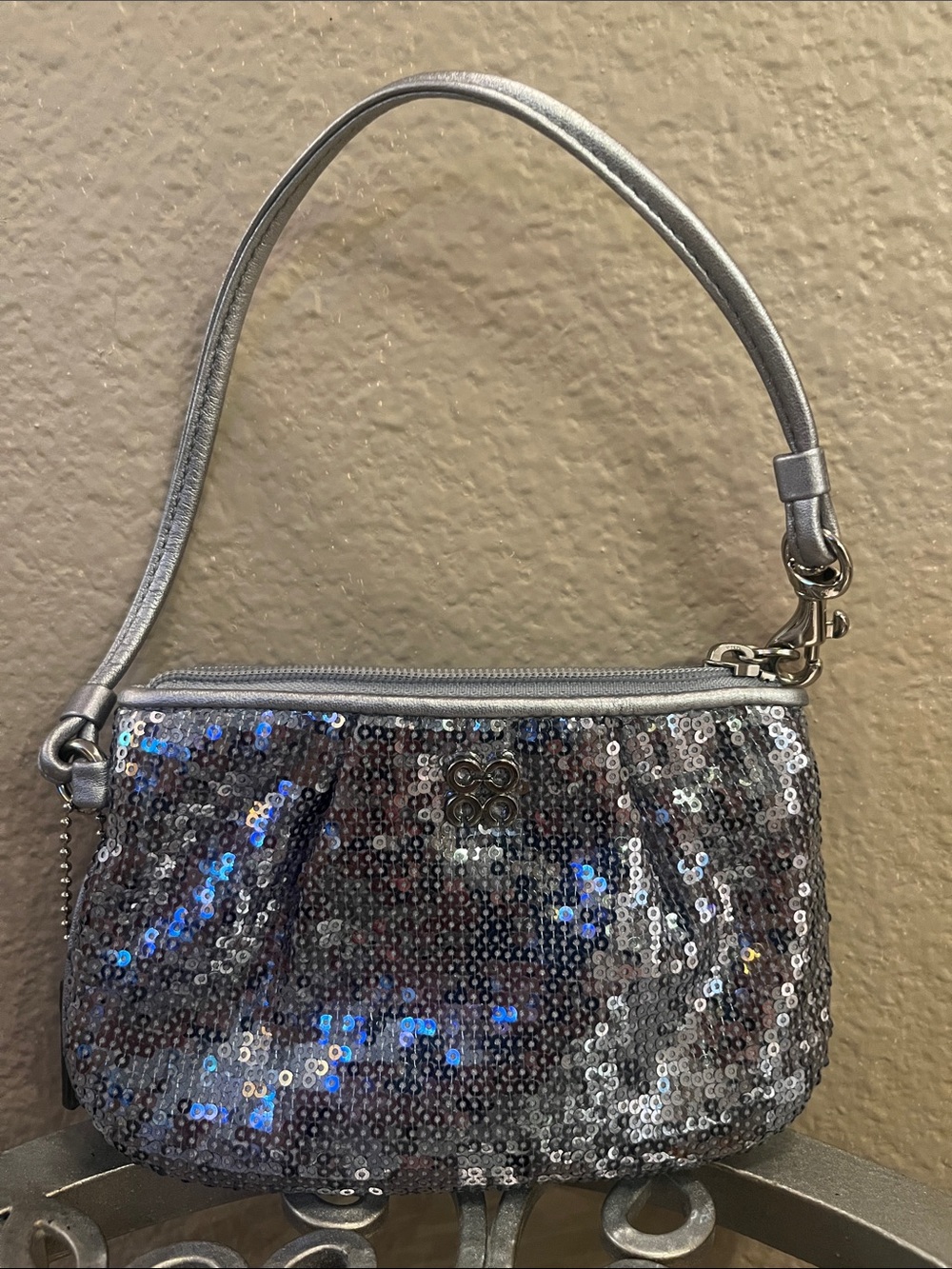 Coach Silver Sequin Wristlet Bag